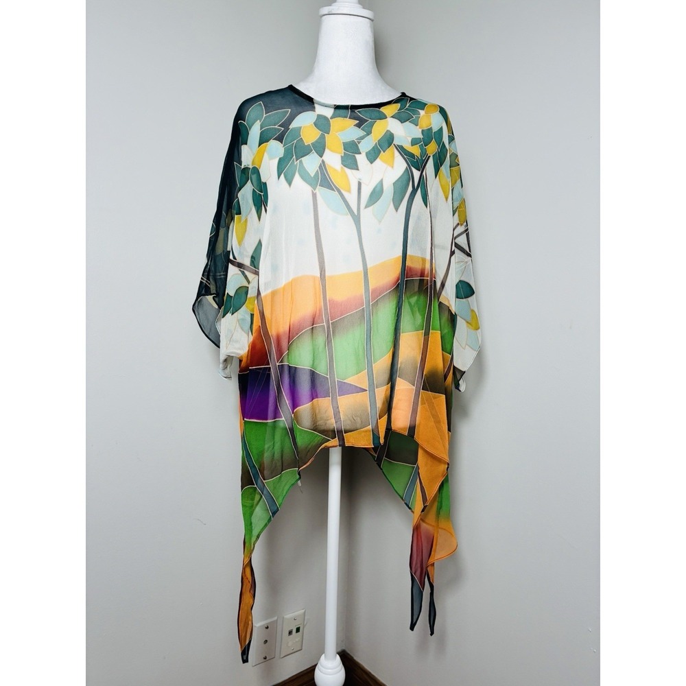 cocoon house silk Poncho Top L/XL Designer Cruise Beach Shark Bite Hem